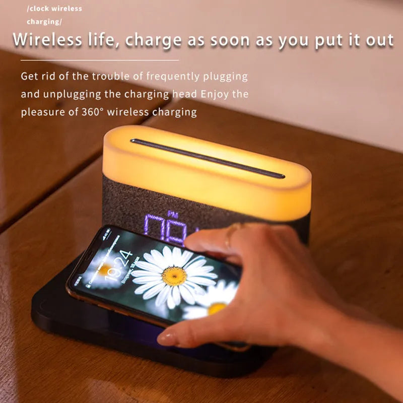 Wireless desktop charger with clock display and night light in modern ABS design