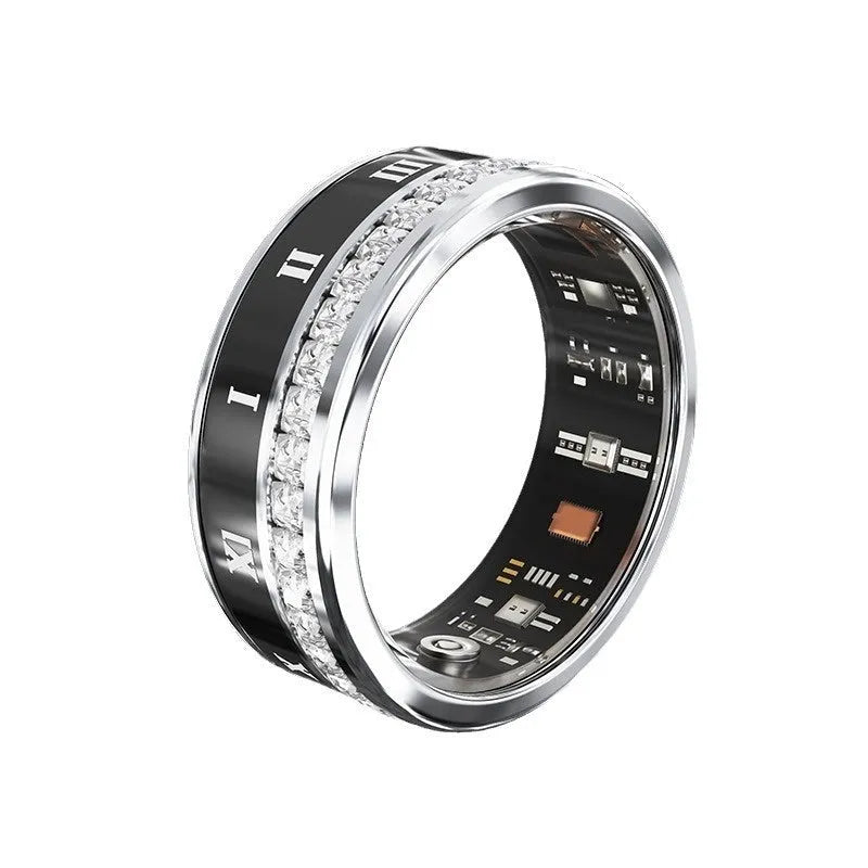 Gold and silver coloured smart ring with a diamond inlay on a finger, showing health tracking design.