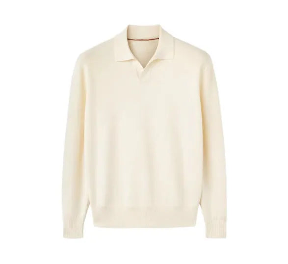 Man wearing a milky white pure wool sweater with a lapel collar and loose fit
