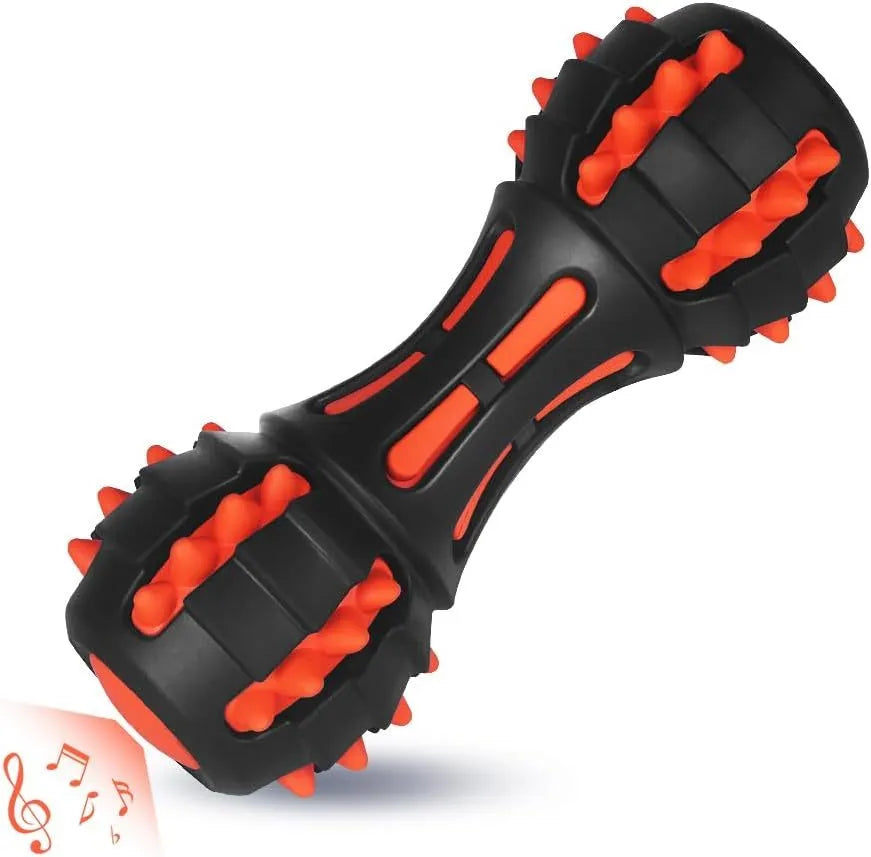 Red dumbbell-shaped durable rubber dog chew toy for large breeds on a white background