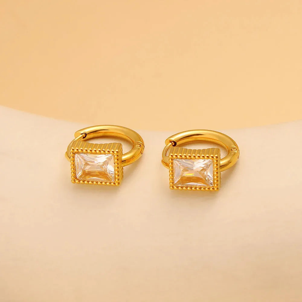 Geometric square zircon stainless steel earrings in white, black, or green colour options
