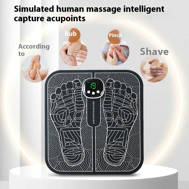 Blue rechargeable foot massager mat with USB cable and push-button controls on a floor.