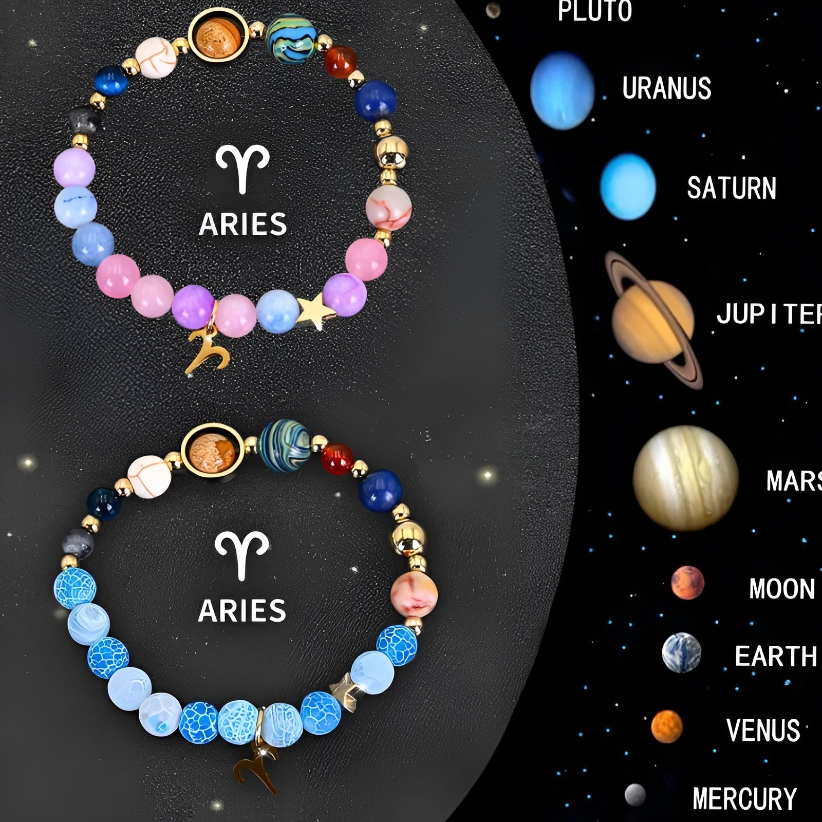 Natural stone beaded bracelets for the twelve zodiac signs laid out in a set.