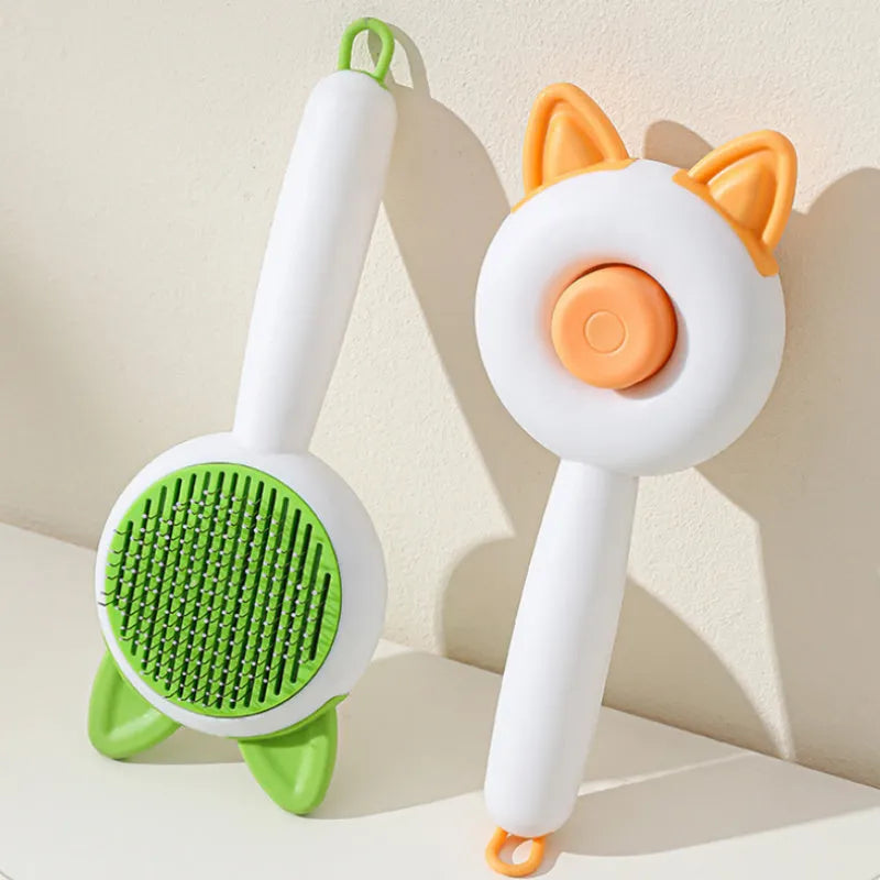 Self-cleaning pet grooming brush with stainless steel teeth in greenish white colour