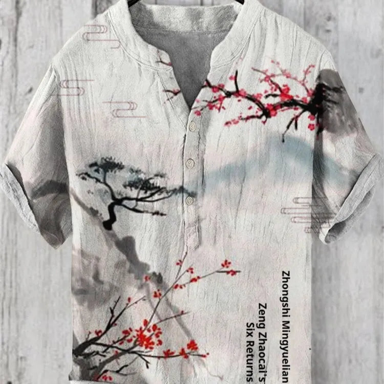 3D digital animal pattern short sleeve shirt on a hanger, showing the print detail.