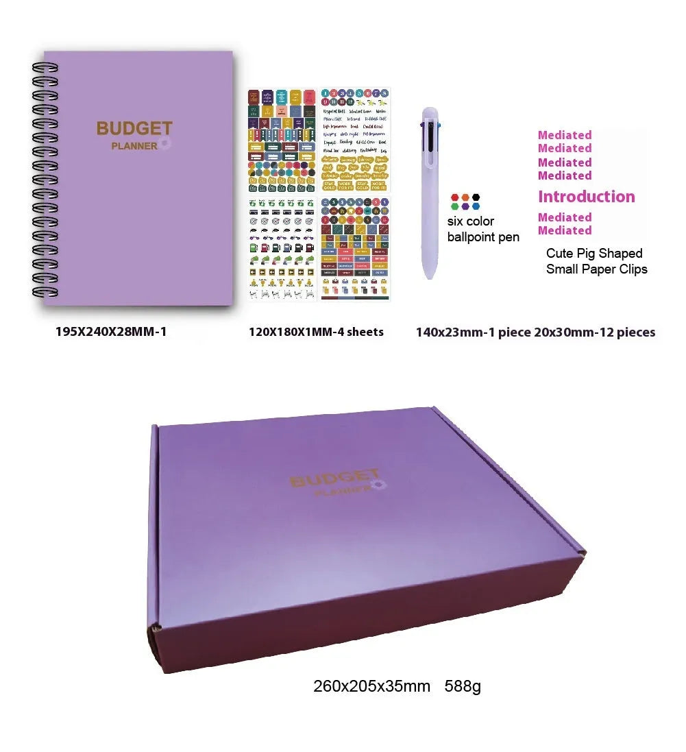 J12 purple coil-bound financial planning notebook with pen and sticker accessories for monthly budgeting