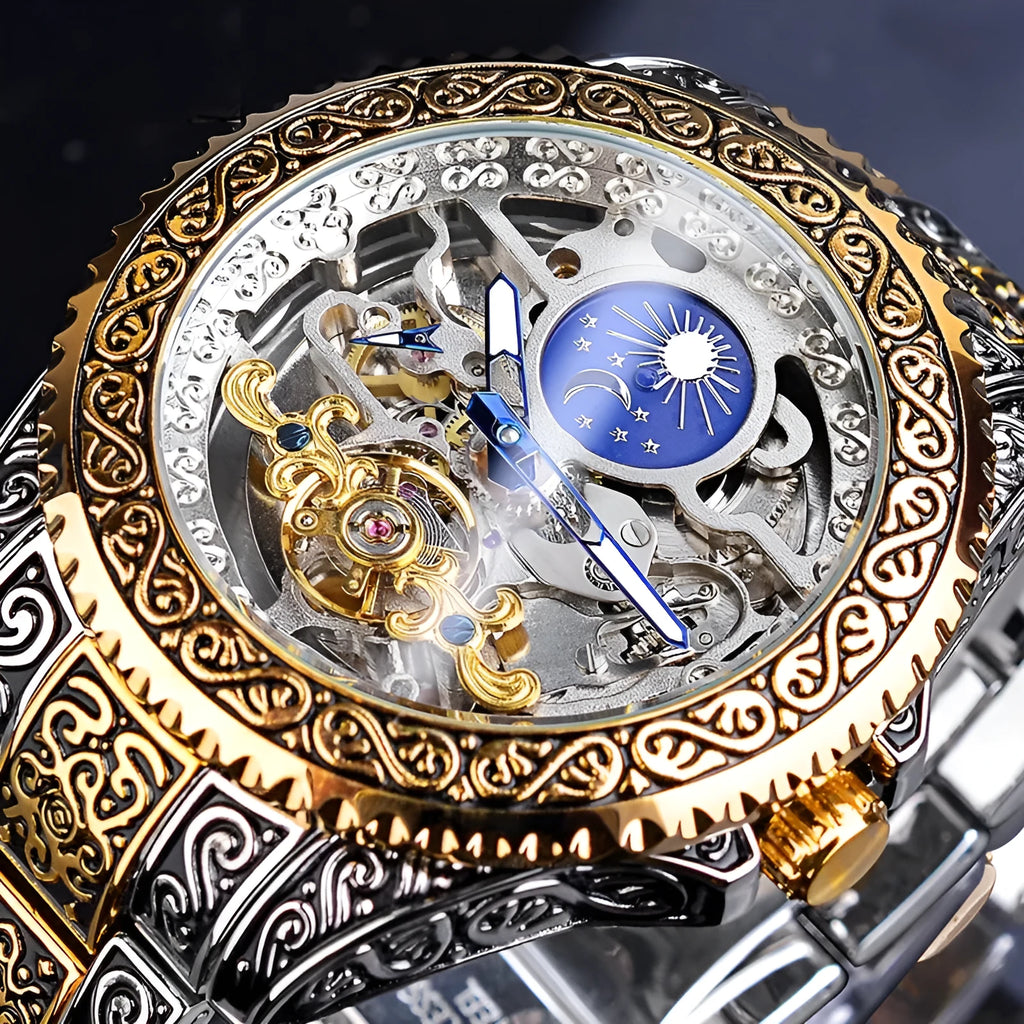 Forsining skeleton tourbillon mechanical watch with yellow accents and stainless steel band