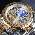 Forsining skeleton tourbillon mechanical watch with yellow accents and stainless steel band