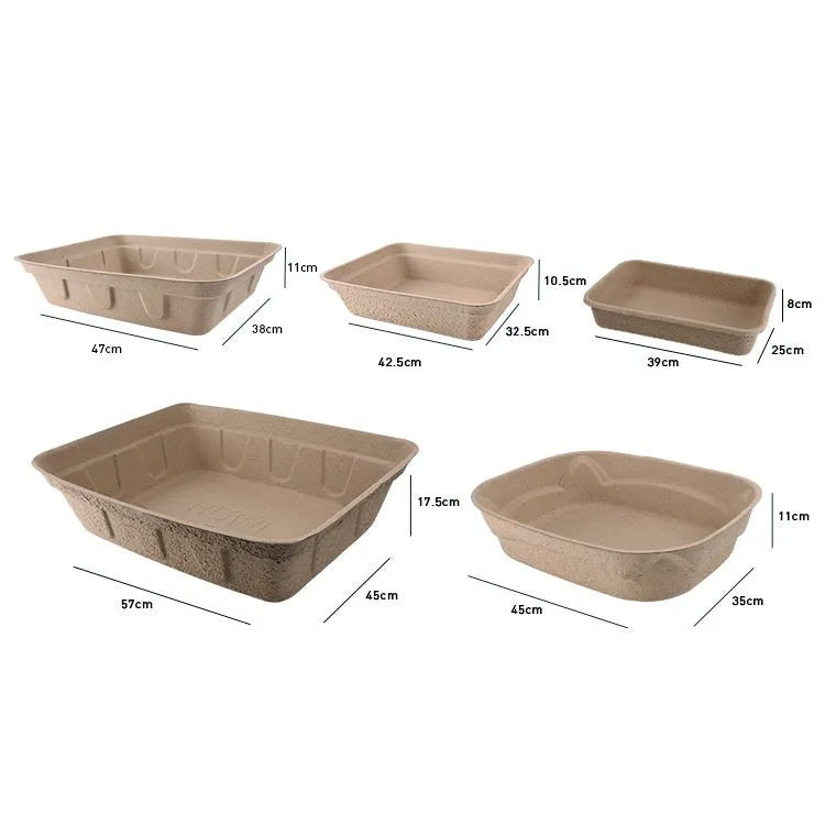 Brown disposable biodegradable cat litter box showing its three available size dimensions.