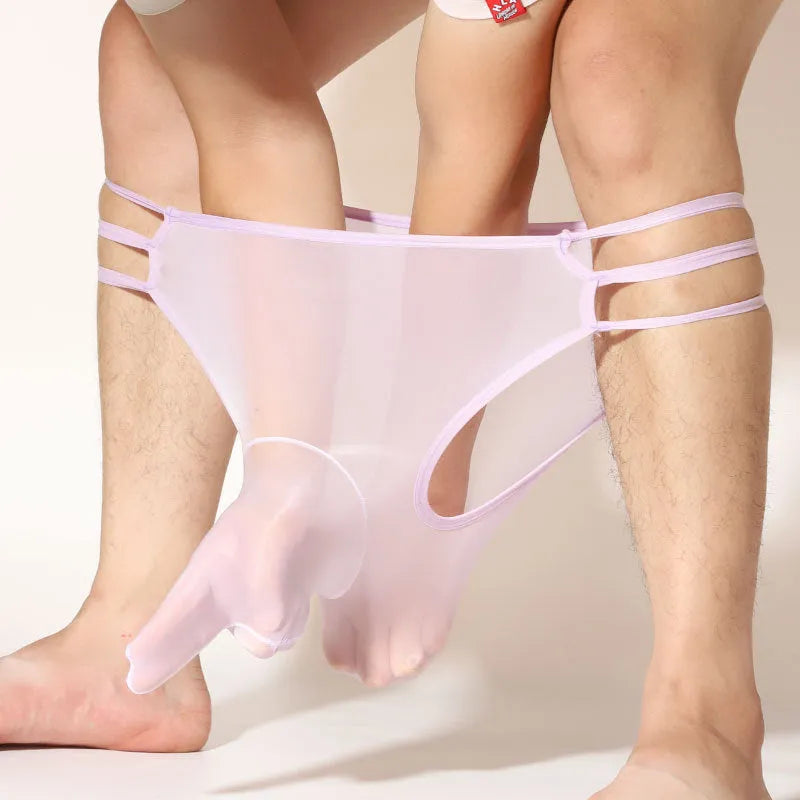 Men's transparent nylon elephant nose shorts in multiple colours on a mid-waist free-size model.