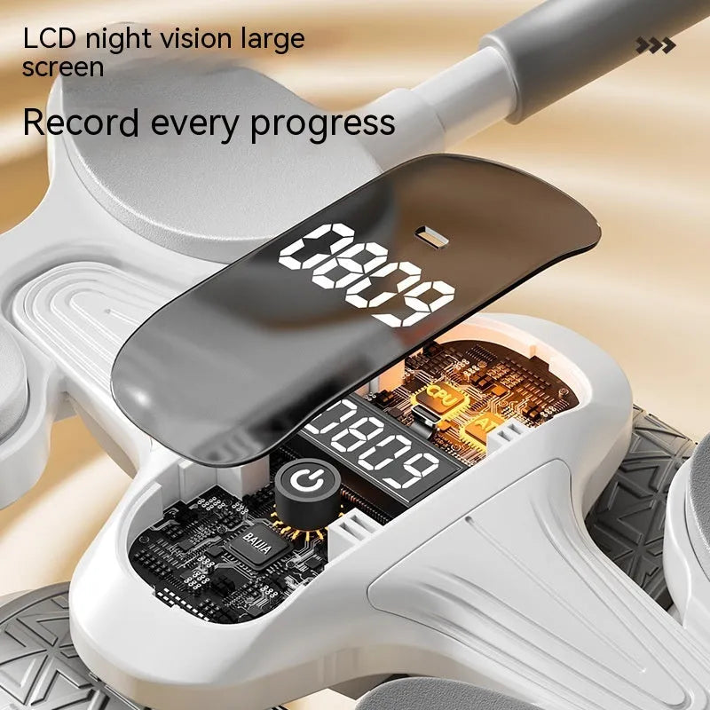 White intelligent abdominal roller fitness equipment with LED large screen timing counter and included hassock