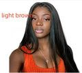 Long straight black synthetic wig with centre-parted bangs on a mannequin head