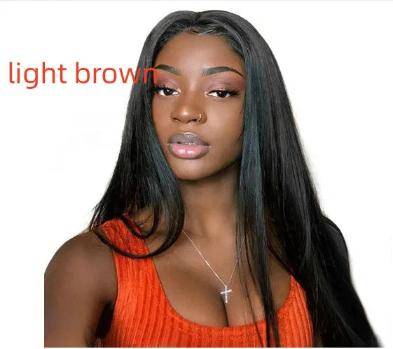 Long straight black synthetic wig with centre-parted bangs on a mannequin head