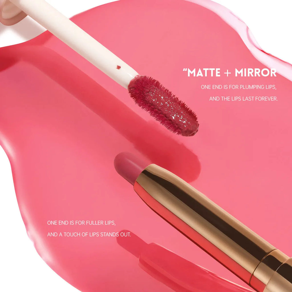 Double-headed lipstick lip gloss in matte finish showing ten different colour options from 01 to 10.