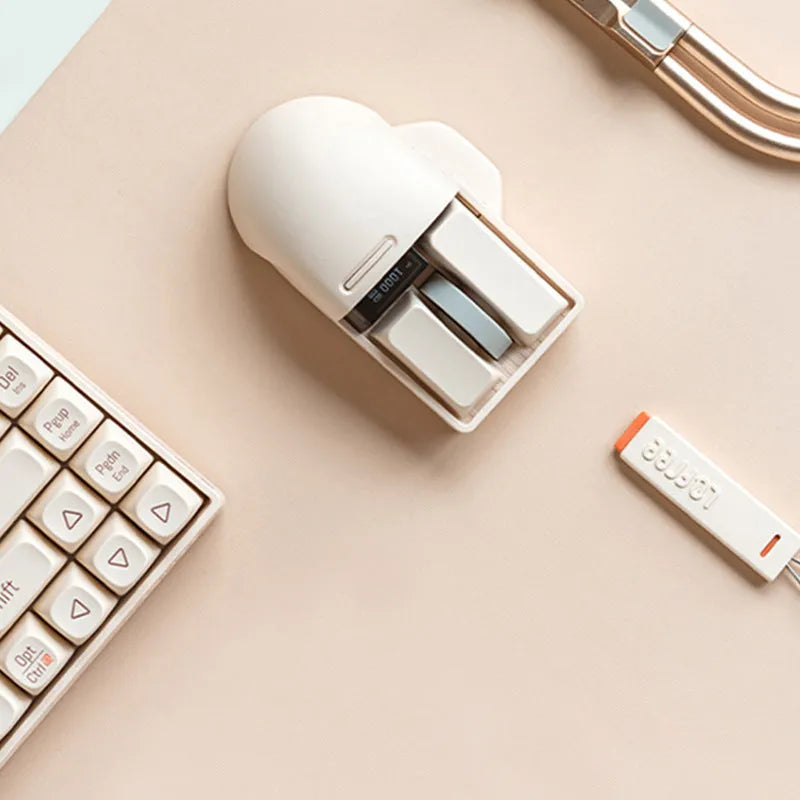 Tofu coloured wireless computer mouse with ergonomic right-handed design showing multiple buttons