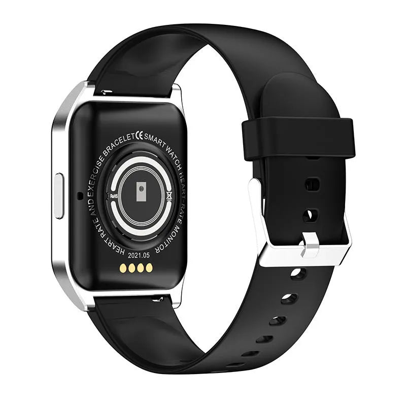 Black or silver smartwatch with 1.69-inch screen and silicone strap for Bluetooth calls and music.