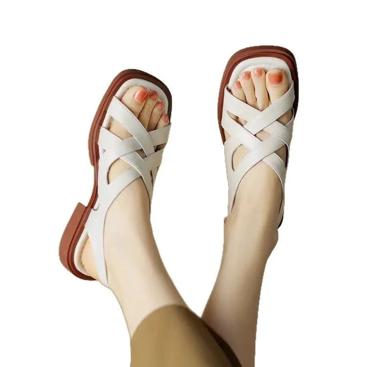 Women's glossy patent leather square toe sandals with cross straps in three colour options