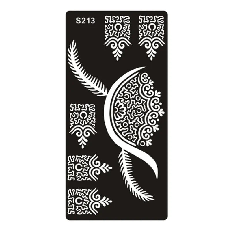 Sheet of hollow geometric and Southeast Asian style temporary tattoo templates on water transfer paper.