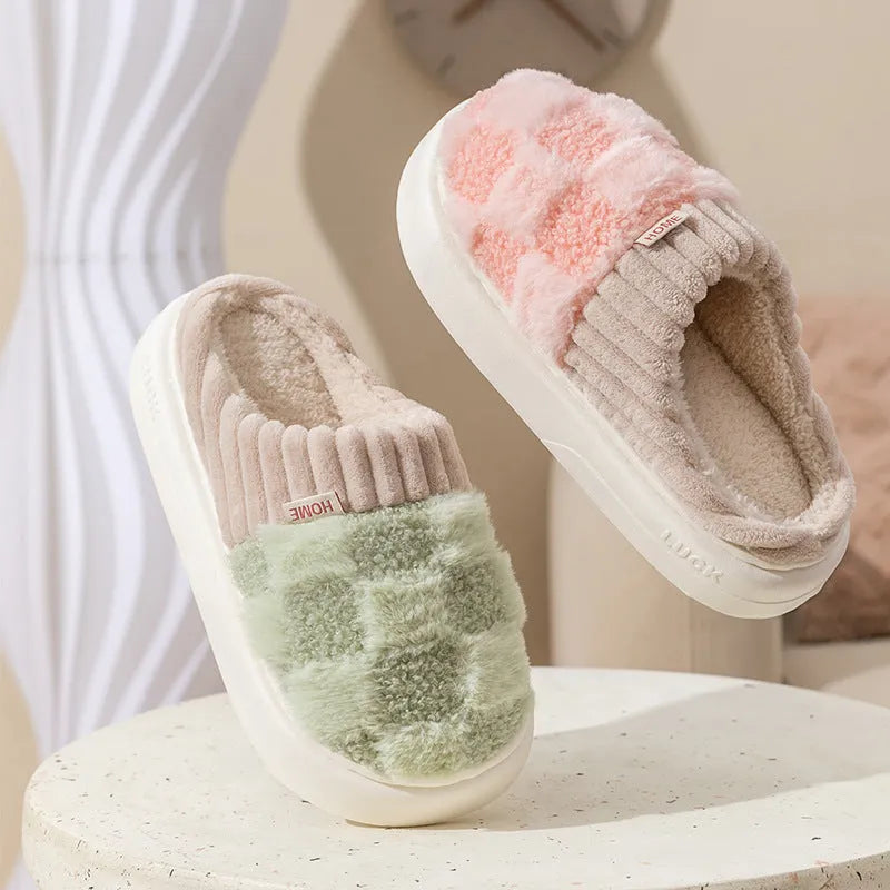 Plaid plush indoor slippers for women in five colours with thick lining and non-slip PVC sole