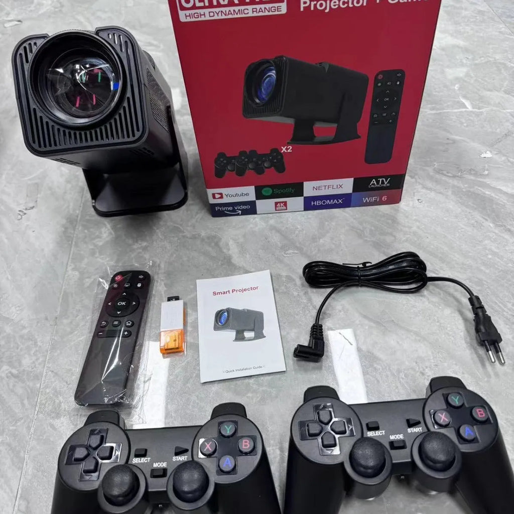 White portable home projector with handle showing 720p wireless gaming setup