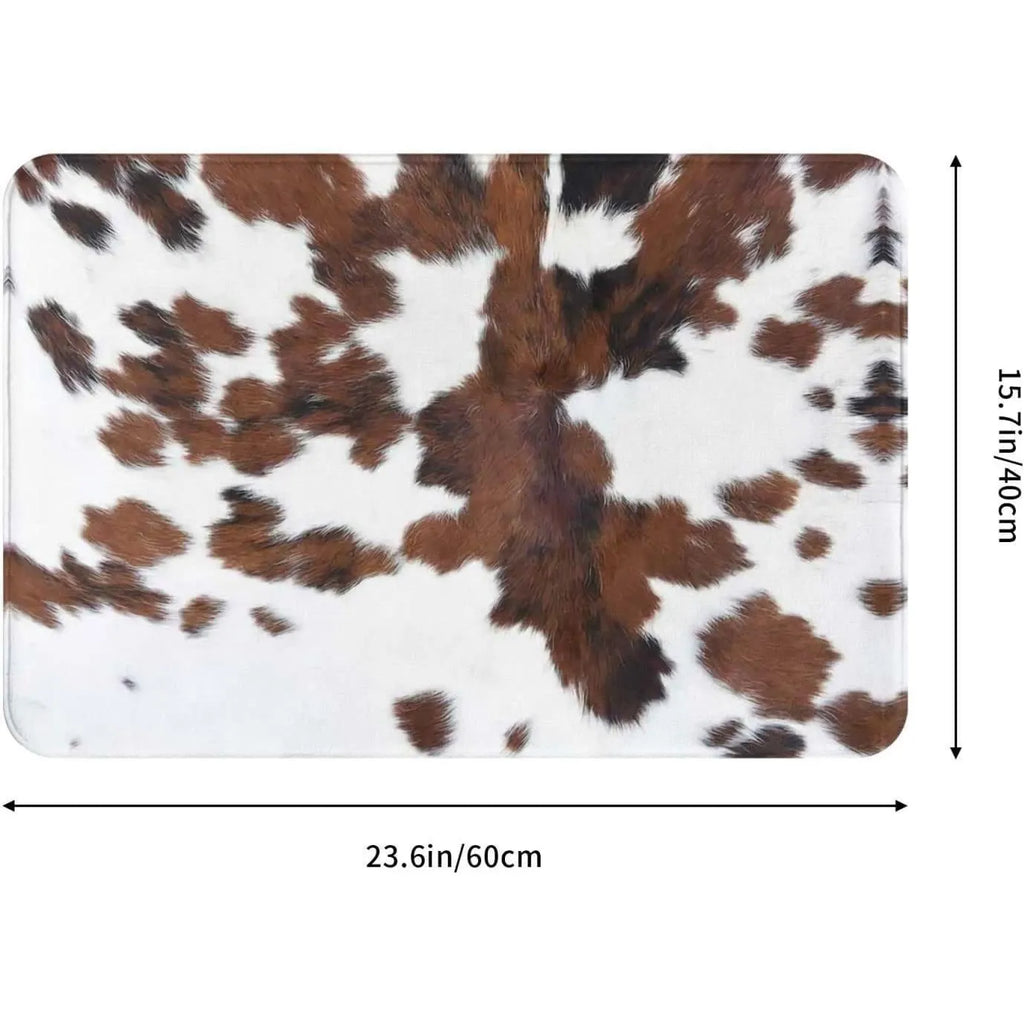 Square polyester floor mat showing coastal starfish and brown cow print design options.