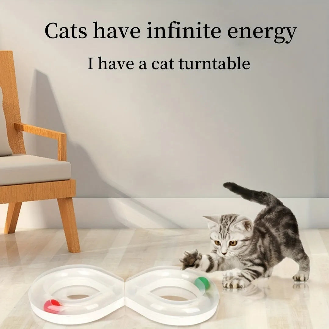 Blue and white cat toy with turntable track ball and teasing stick for interactive feline play
