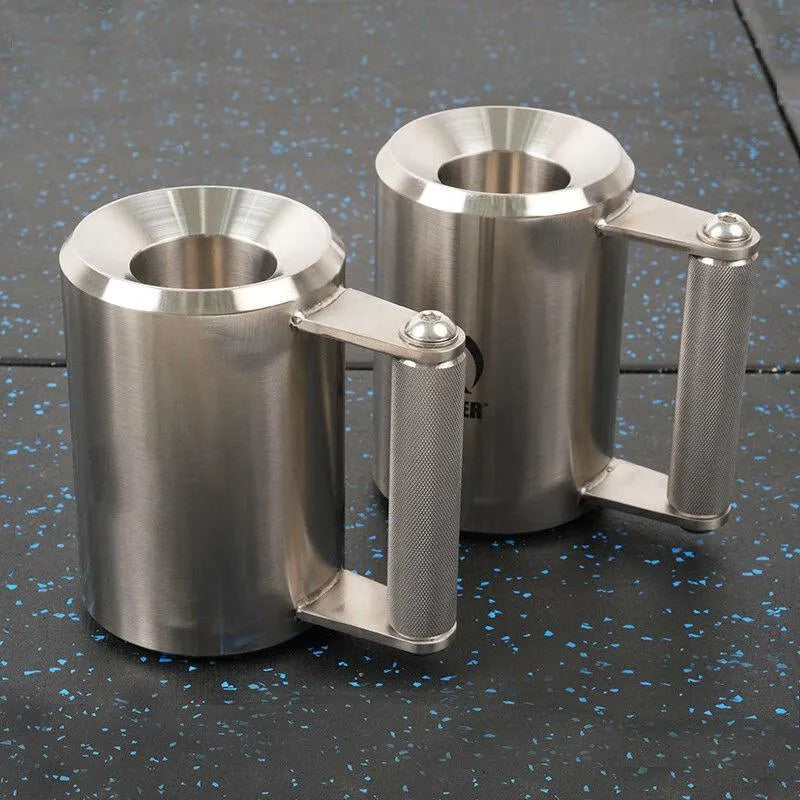Silver stainless steel dumbbell cup weight plate, 8kg, with cast iron core and Olympic bar centre hole.