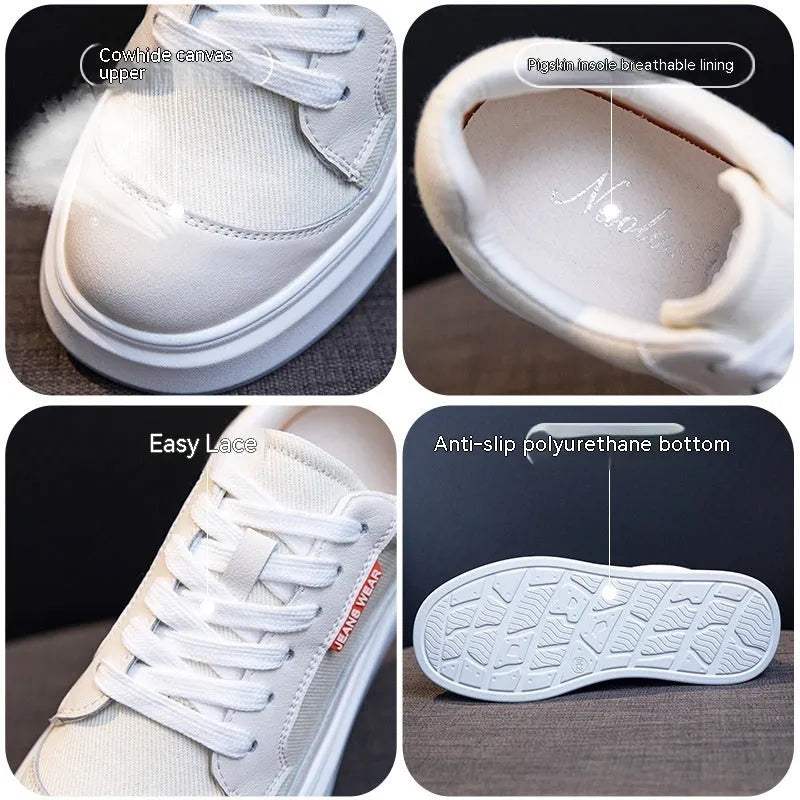 Women's beige leather thick-soled casual board shoes on a white background.