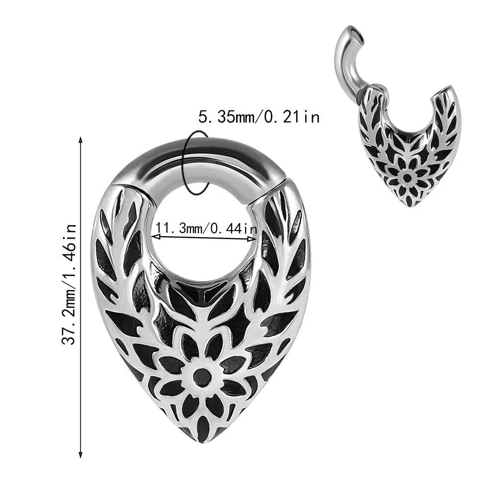 Drop-shaped stainless steel ear extender with totem design for stretched earlobes in colour style options