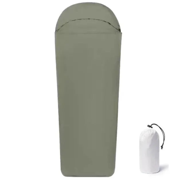 Blue lightweight nylon camping sleeping bag with mummy design shown laid out