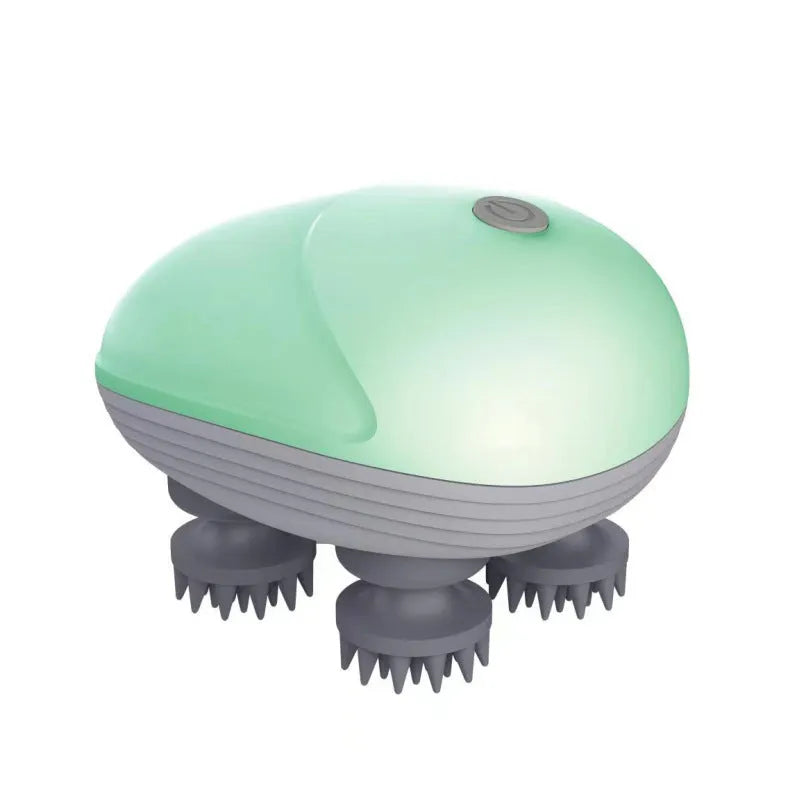 Blue handheld electric pet massager with four rotating heads, shown next to a cat.