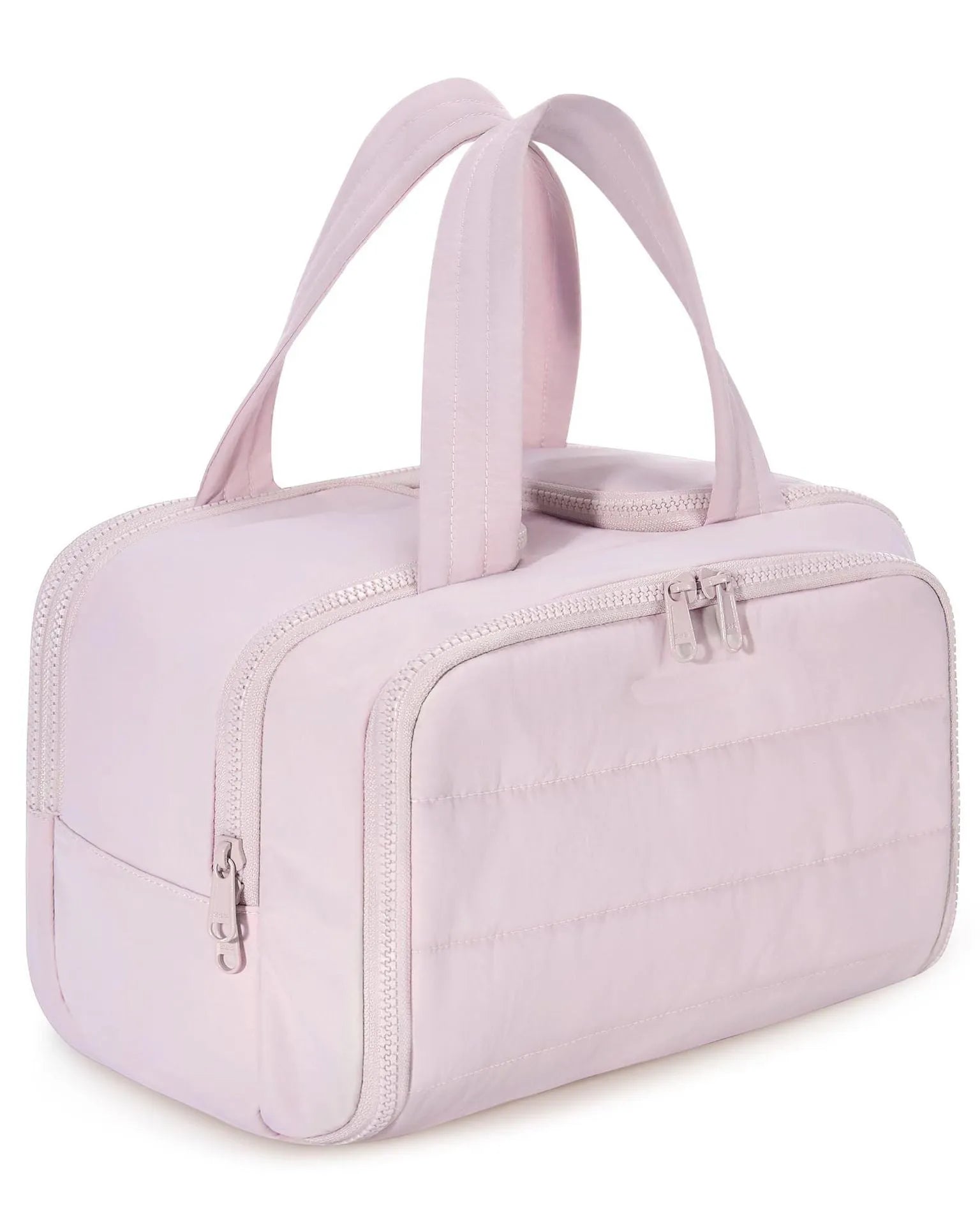 Large fluffy travel toiletry bag with wide open top, shown in a choice of colours.