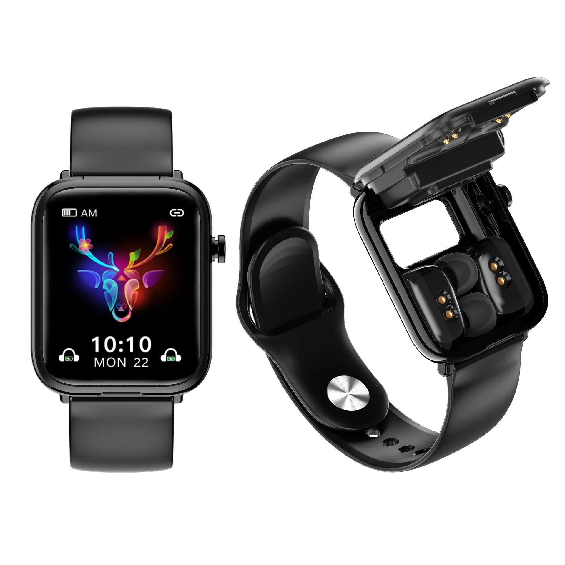 Black zinc alloy smartwatch with a 1.69-inch touch screen displaying a heart rate graph.