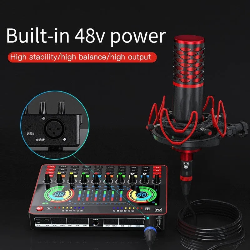 G4 professional sound card mixer with Q8 capacitor microphone, LCD screen, and tuning knobs for live streaming setup