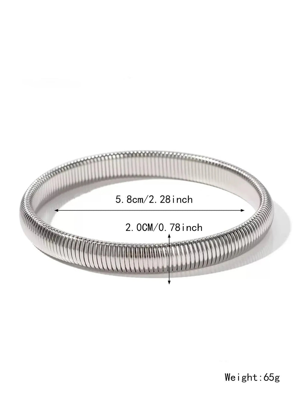 Gold titanium steel women's bracelet with elastic band and vertical stripe ring pattern, shown at 2cm width.