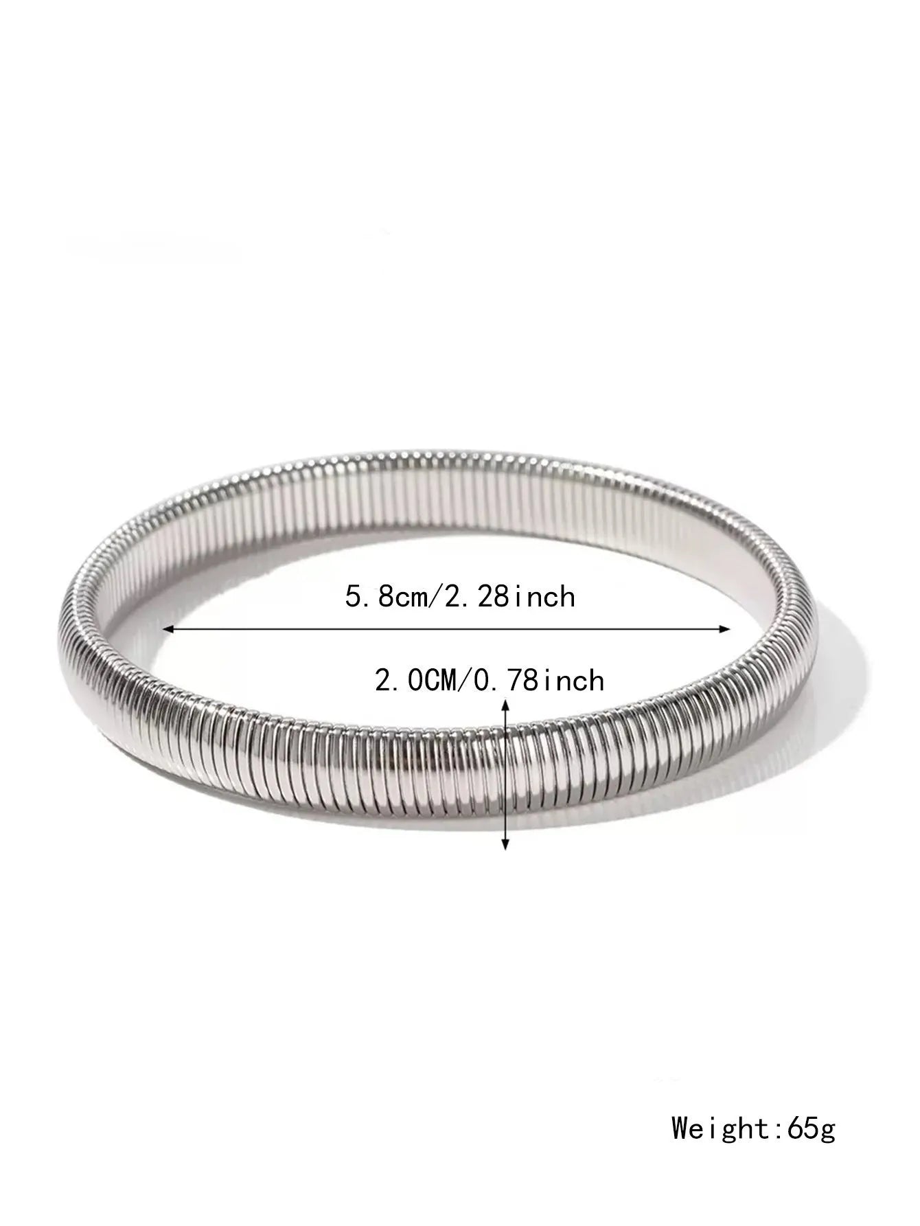 Gold titanium steel women's bracelet with elastic band and vertical stripe ring pattern, shown at 2cm width.