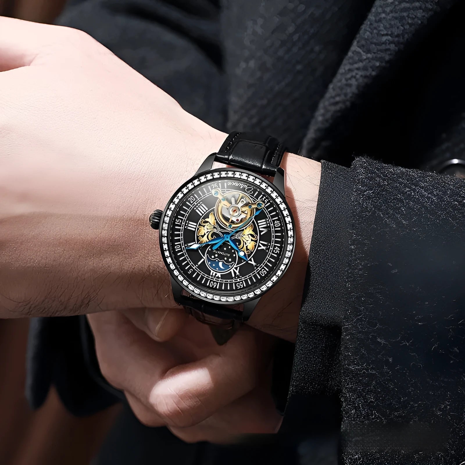 Men's waterproof mechanical watch with stainless steel strap and transparent case back showing movement