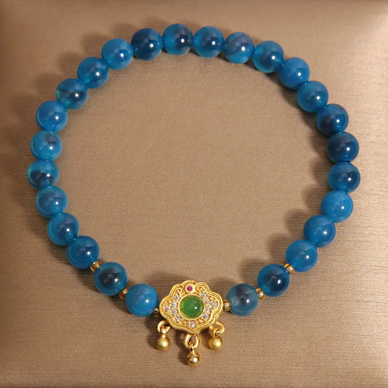 Blue sugar heart agate crystal bracelet with safety lock pendant for women