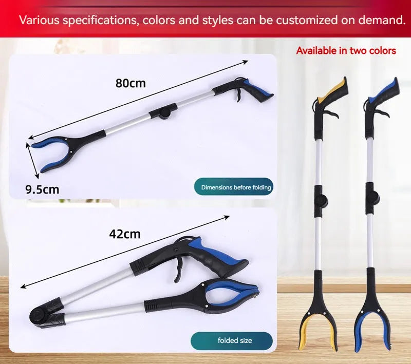 Foldable aluminium sanitation clamp with magnet, shown extended and collapsed with blue handle