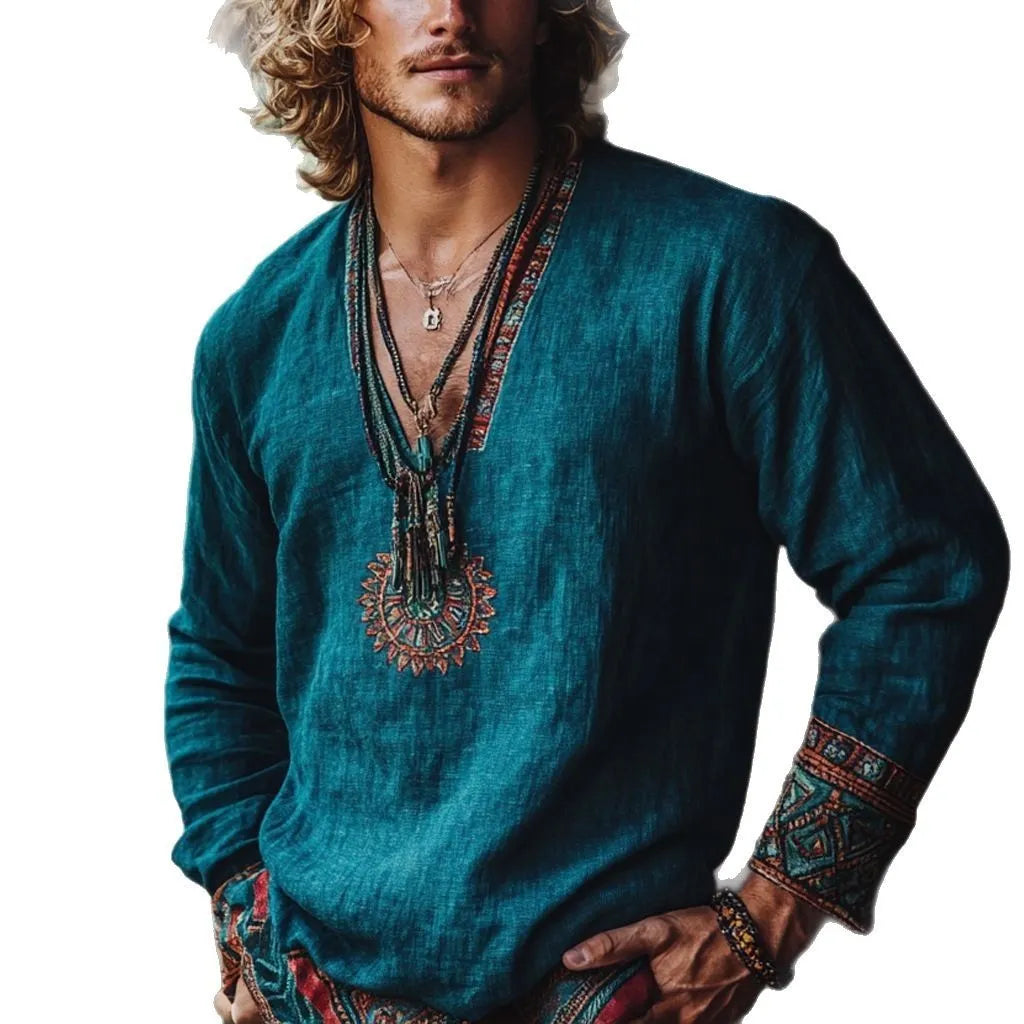 Women's boho vintage printed long sleeve pullover top in European retro style
