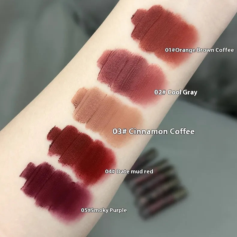 Lava Secret Matte Lip Mud Lipstick in 3.2g tube with no stain formula, shown in five colour shades.