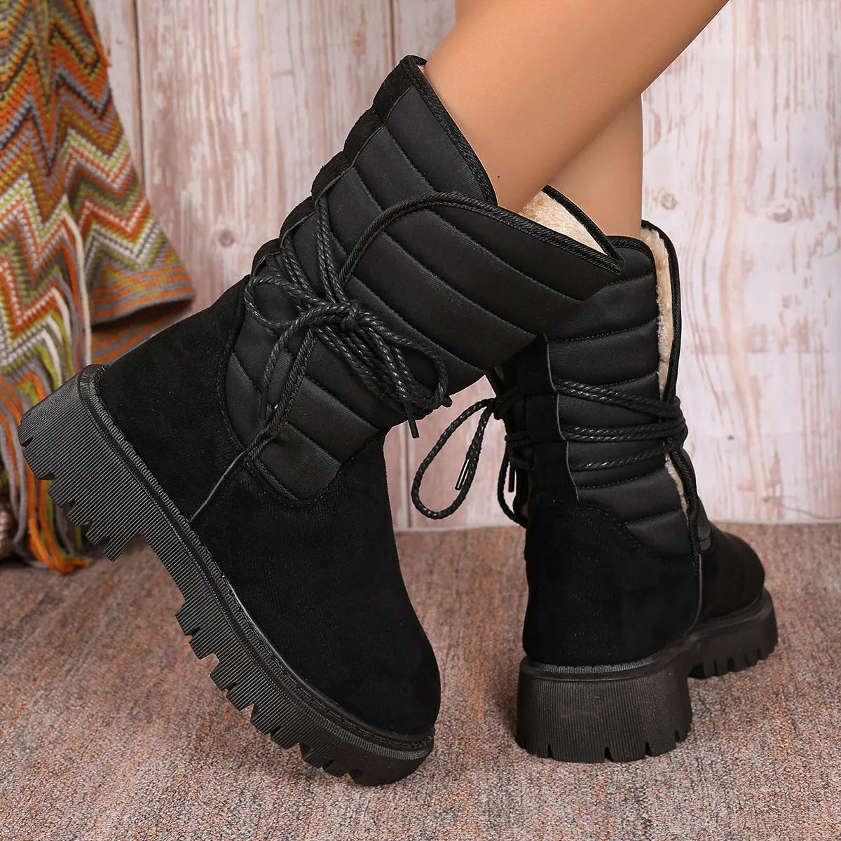 Women's black suede snow boots with chunky heel, lace-up front and fleece lining