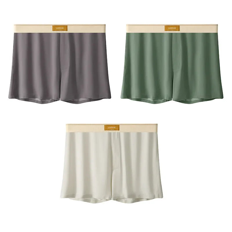 Men's ice silk underwear three-pack showing loose fit and solid colour options