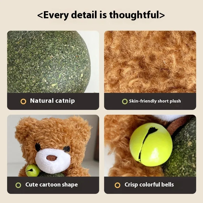 Brown bear plush cat toy with a bell, next to a mint ball, showing its 15cm height.