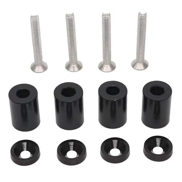Aluminium machine cover pad height sheet with screws, nuts, and washers for car modifications in red, blue, and black.
