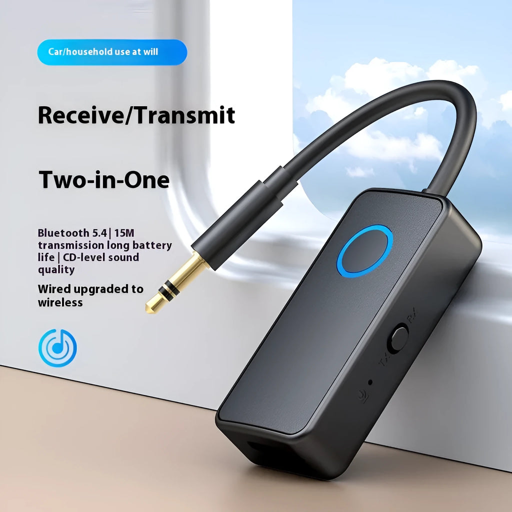 Black Bluetooth 5.4 audio adapter with flexible 3.5mm plug for wireless connectivity