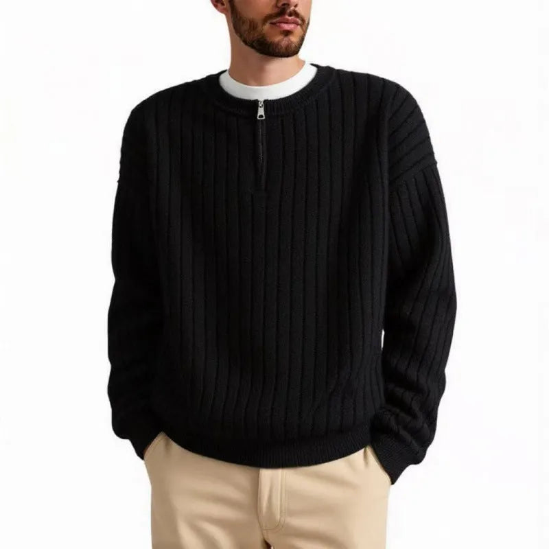 Men's grey loose fit half zip pullover sweater with textured knit and long sleeves