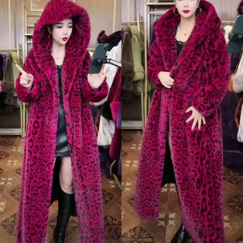 Women's plus size long faux fur coat in brown leopard print pattern with 100cm length