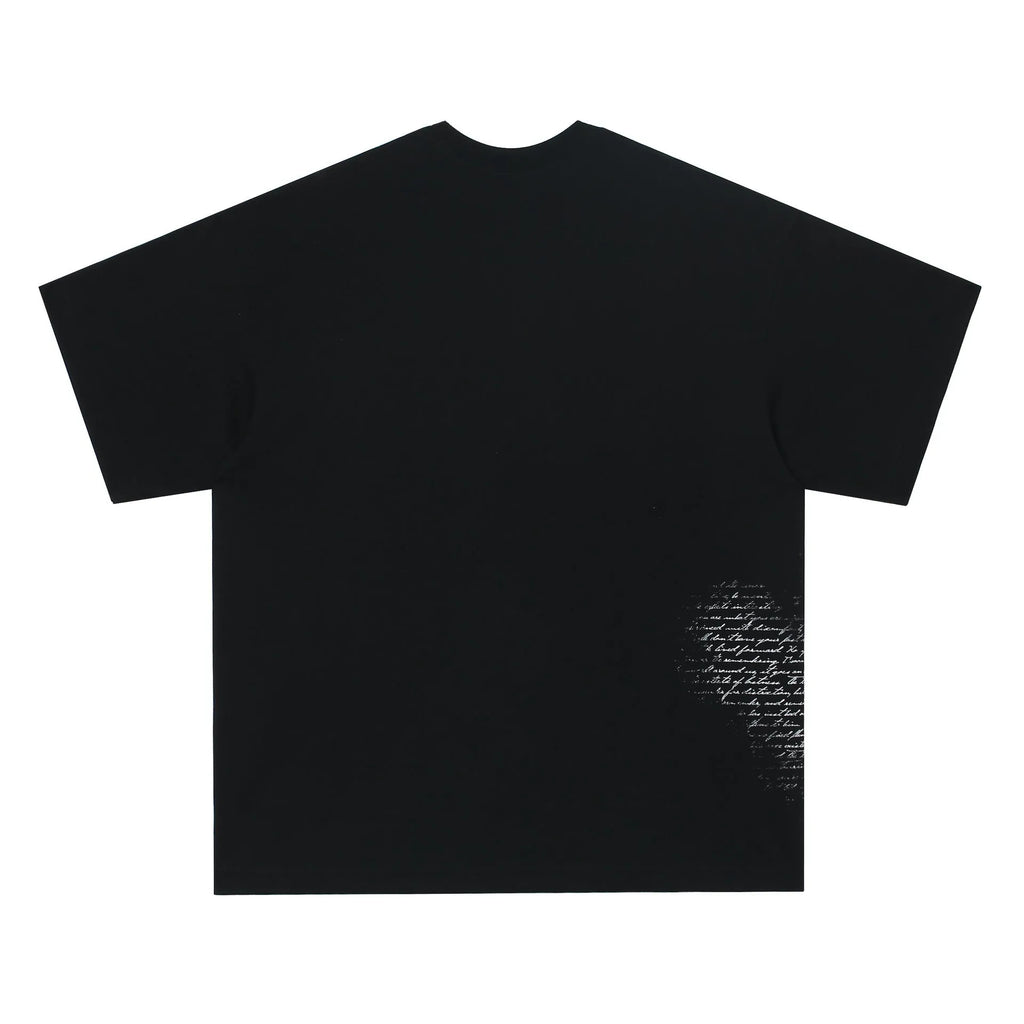 Black and white retro hip hop gothic graphic t-shirt with letter designs on cotton fabric
