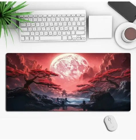 Anime pattern gaming mouse pad with non-slip rubber base on desk surface